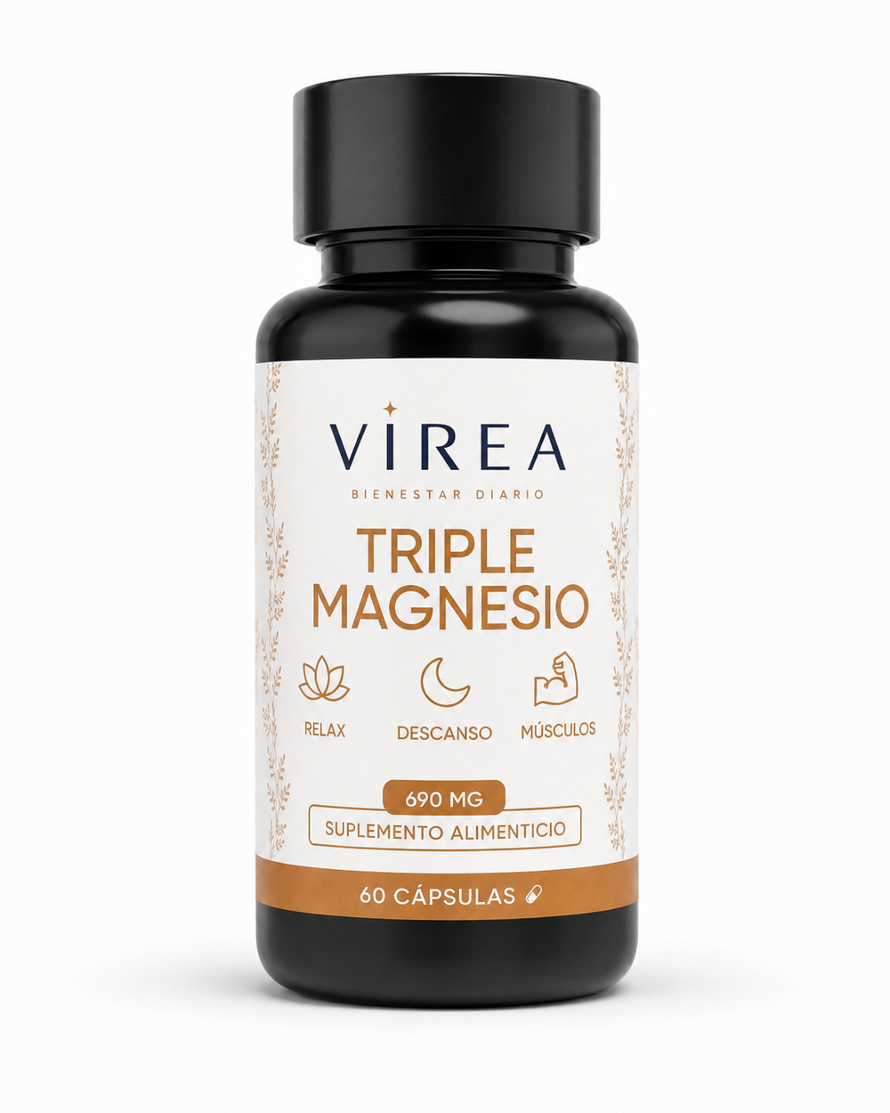 Frasco de Triple Magnesio VIREA — calma y descanso para tu rutina PM