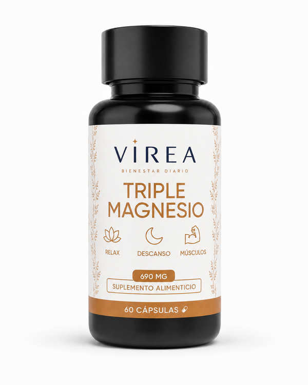 Frasco de Triple Magnesio VIREA — calma y descanso para tu rutina PM