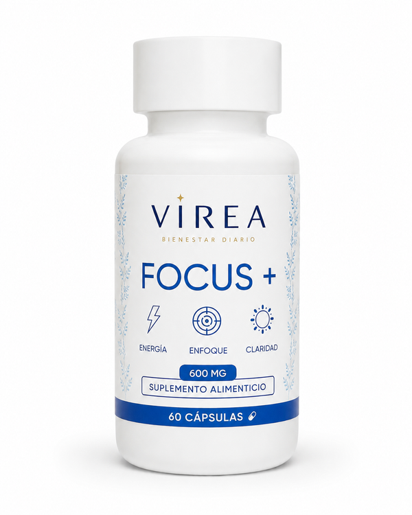 Frasco de Focus+ VIREA — energía y enfoque para tu rutina AM