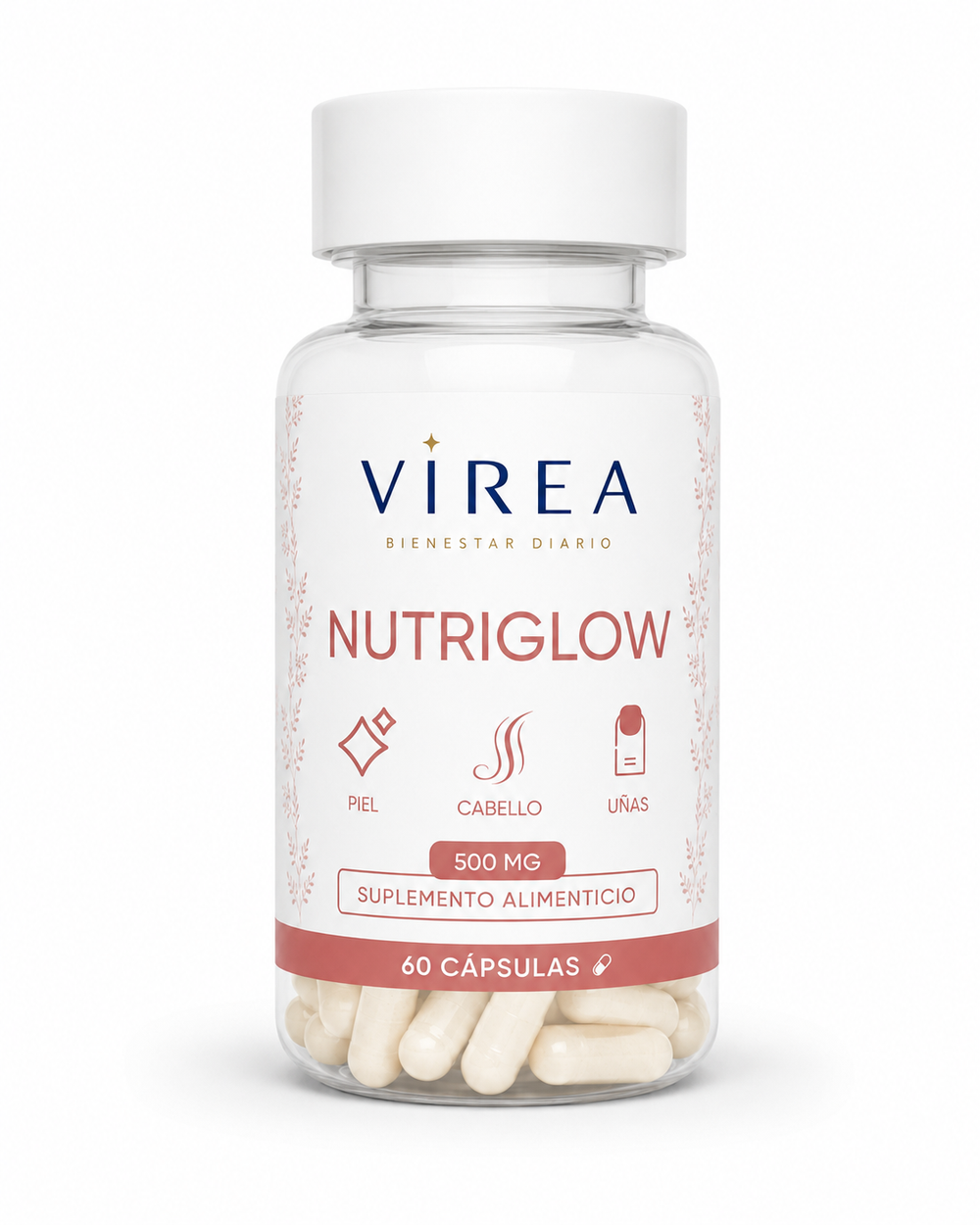 Frasco de NutriGlow VIREA — piel, cabello y uñas