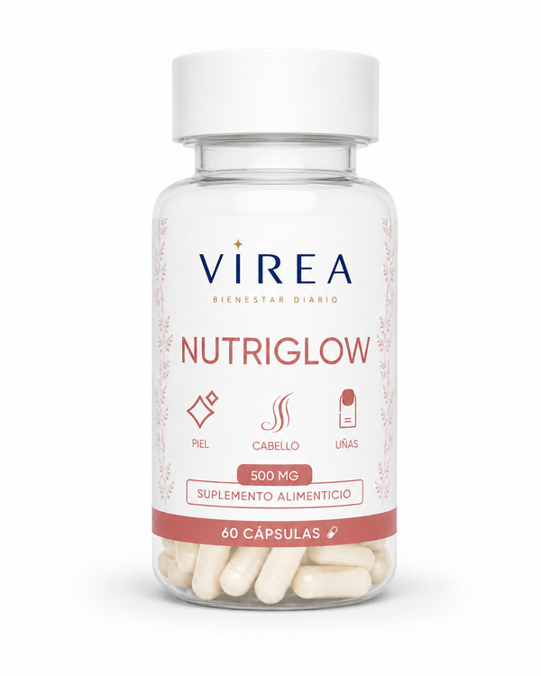 Frasco de NutriGlow VIREA — piel, cabello y uñas